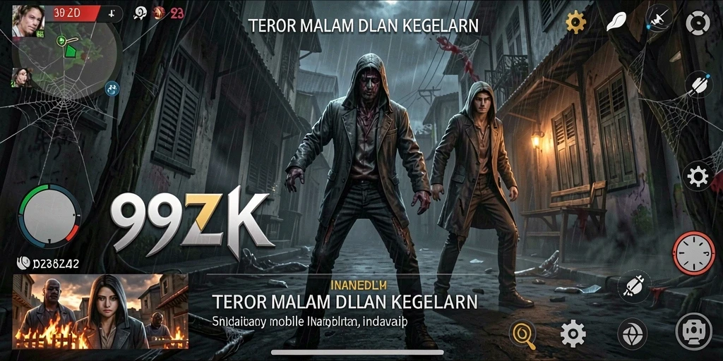 Screenshot gameplay 99ZK menampilkan suasana mencekam dan horror.