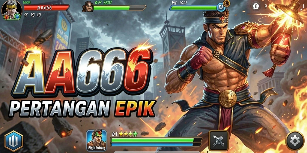 Screenshot utama AA666 menampilkan karakter bertarung dengan gerakan dinamis.