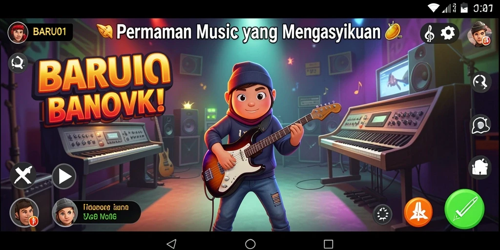 Tangkapan layar dari gameplay menarik BARU01 dengan berbagai pilihan lagu.