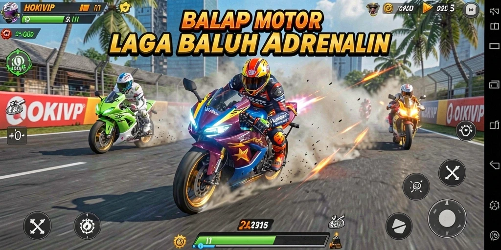 Tampilan gameplay balap motor yang mendebarkan dan realistis.