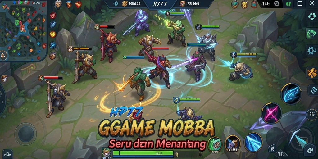 Screenshot gameplay HP777 menampilkan serunya pertarungan tim dalam arena MOBA.