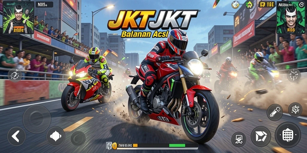 Screenshot gameplay JKTJKT dengan aksi balapan motor cepat.