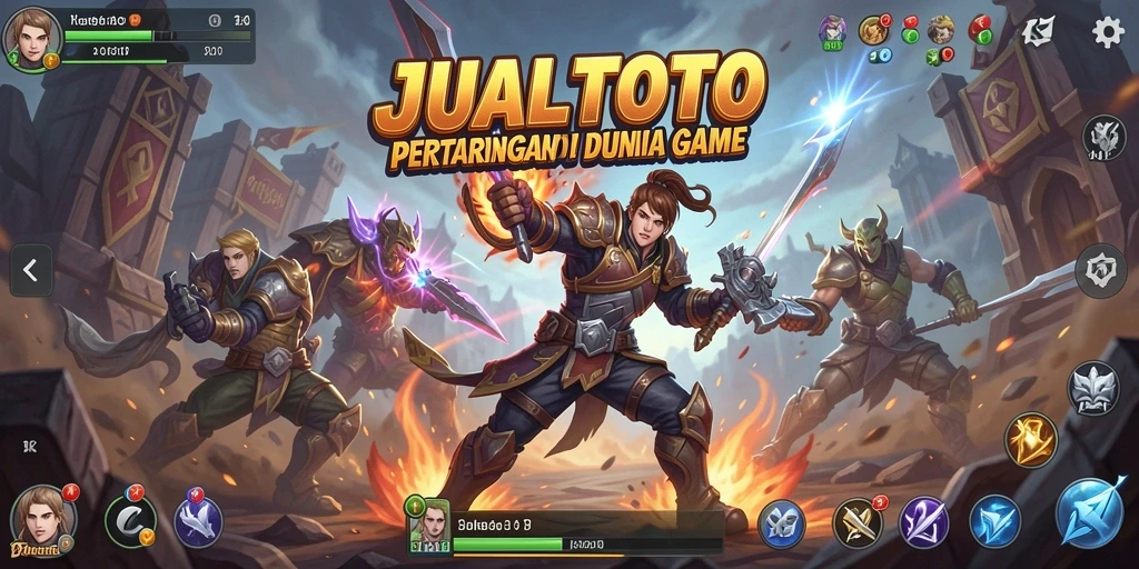 Gameplay JUALTOTO yang penuh aksi dengan karakter bertarung.