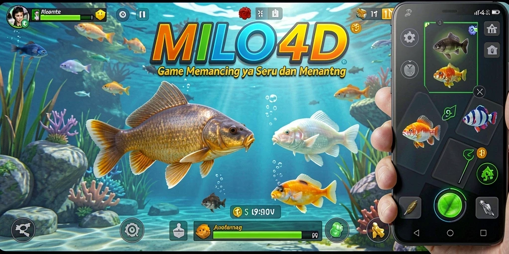 Screenshot utama MILO4D menampilkan pemain sedang memancing di danau yang indah.