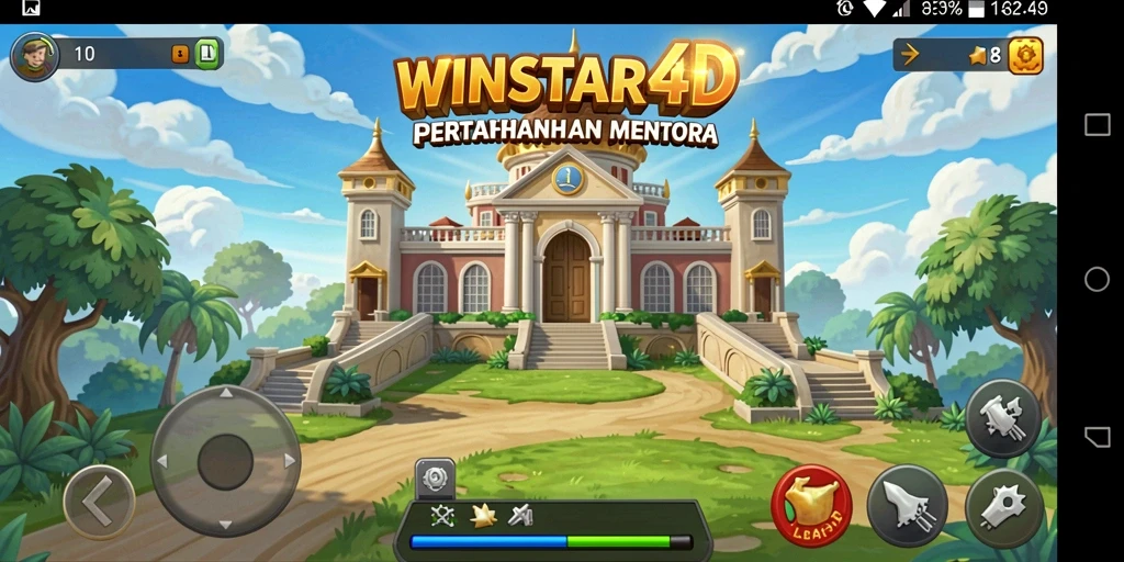 Tangkapan layar gameplay WINSTAR4D menampilkan pertahanan menara yang epik.